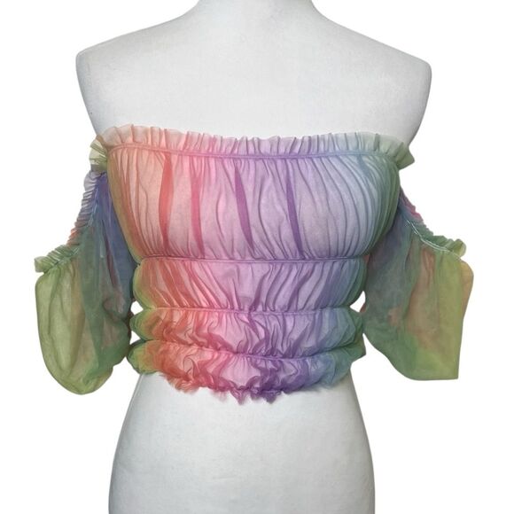 Lirika Matoshi Off Shoulder Rainbow Sheer Puff Sleeve Top Women’s Size Small - Picture 2 of 7
